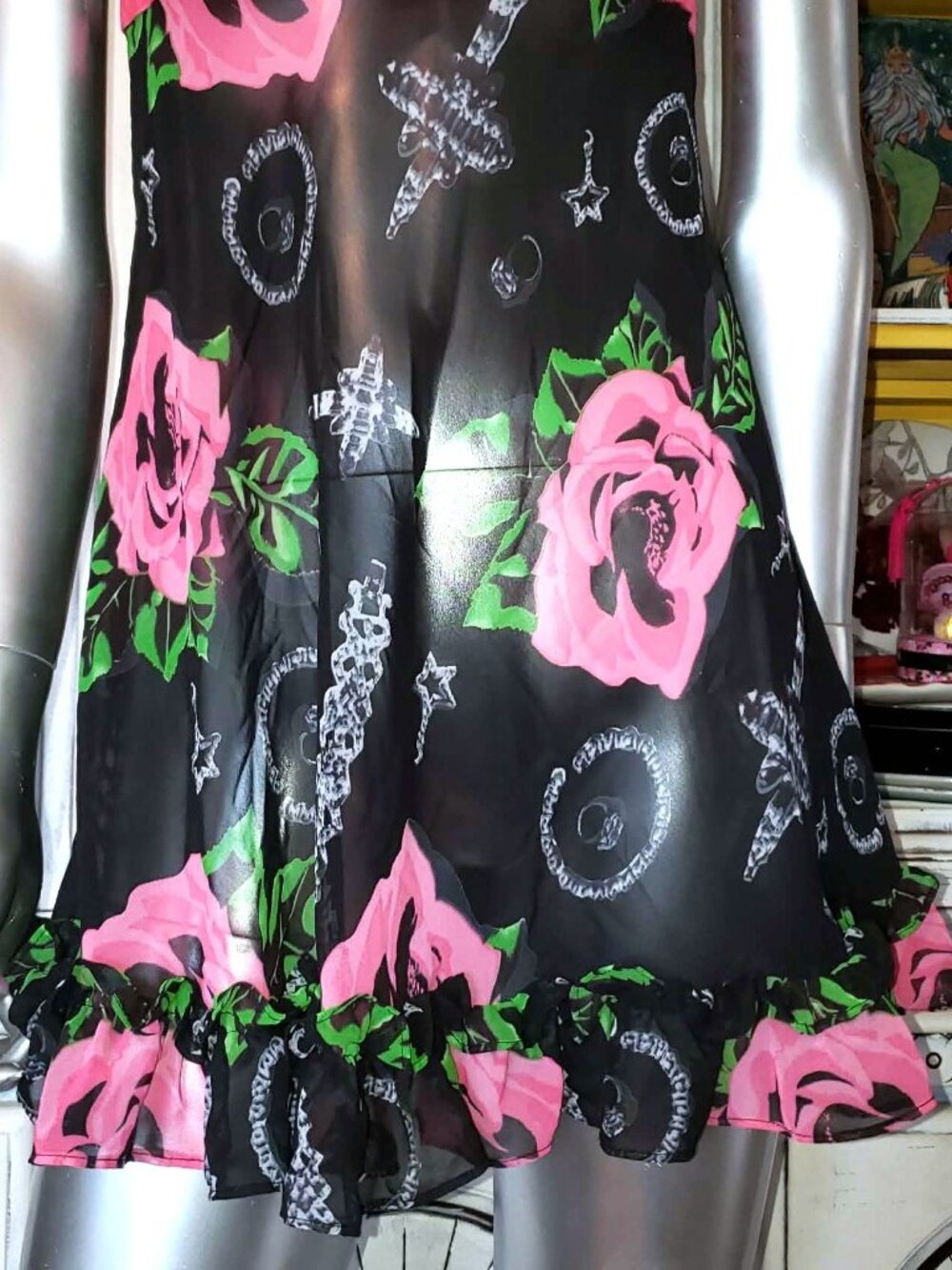 Vintage Betsey Johnson Slip Dress Y2K Black Floral Rose Jewelry Print Babydoll S - Picture 3 of 15